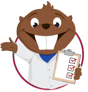 Bucky Beaver wearing a lab coat