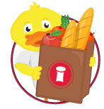 Ducky carrying a bag of healthy groceries
